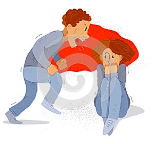 Abusive husband vector illustration, bad family man scream and shout on scared woman his wife, domestic violence, despotic husband