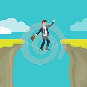 Abyss, gap or cliff concept with businessman, sky and clouds. Vector colorful illustration in flat style photo