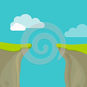 Abyss, gap or cliff concept with sky and clouds. Vector colorful illustration in flat style photo