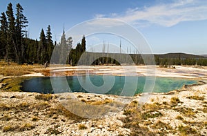 Abyss Pool in the West Thumb Geyser Basin, forest and sky as background Yellowstone National Park, reflections, morning, WY, USA