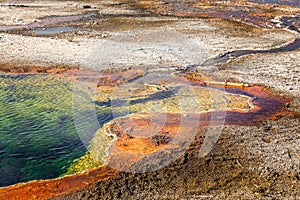 Abyss pool in Yellowstone of vivid colors caused by bacteria