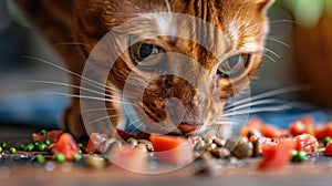 An Abyssinian cat engaged in eating a balanced BARF meal of raw organ meats, focused closely to capture its intense