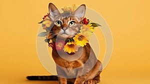 Abyssinian Cat With A Flower Crown On Yellow Background. Generative AI