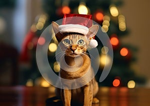 Abyssinian little cat with christmas santa hat on christmas tree background.Macro.AI Generative