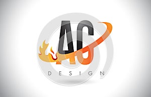 AC A C Letter Logo with Fire Flames Design and Orange Swoosh.