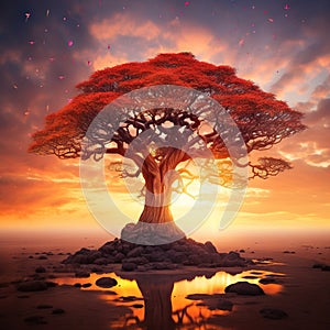 Ai Generated illustration Wildlife Concept of Acacia Tree Sunset Serengeti Africa