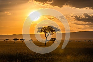 Acacia trees in front of the sunset in the Masai Mara