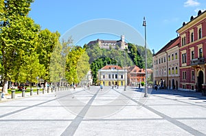 Academia Philarmonic on Congress square and Old castle Ljubljana Slovenia