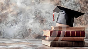 Academic achievement symbolized by graduation cap atop a stack of books