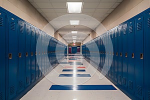 Academic ambiance hallway lined with blue school lockers