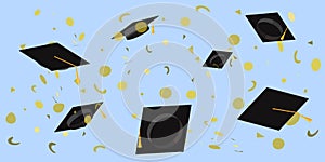 Academic cups thrown at the sky in a placer confetti Vector flat illustration