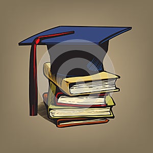Academic graduation cap on stack of books. Retro engraving style education concept