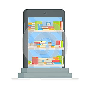 Academic and school knowledge, education and graduation. Reading, Encyclopedia. Vector illustration of an e-book on the Internet.