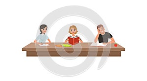 Academic students in learning process, young people reading books, students studying in the library vector Illustration