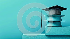 Academic Success and Graduation Concept with Graduation Cap on Top of Stacked Books against Blue Background