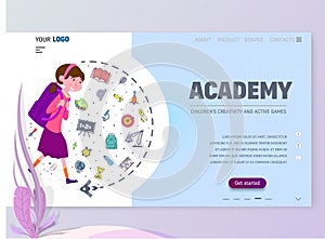 Academy for children home page template, flat style character