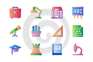 Academy icons set in color flat design. Pack of briefcase, table lamp, university building, chalkboard, telescope, stationery,