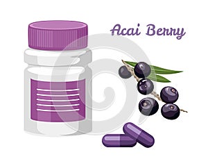 Acai Berry capsules isolated on white background. Bottle of pills and branch of berry.