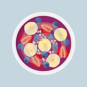 Acai smoothie bowl with banana, blueberries, strawberries and oats, isolated. Top view. Vector hand drawn illustration.