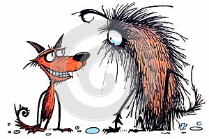 Acartoon version of the cat and dog, emotive body language, spiky mounds, frayed