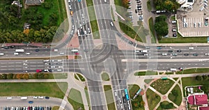 accelerated video aerial view above on road junction with heavy traffic