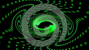 Accelerating and decelerating a large rippling green vortex of light particles on a black abstract background