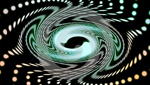 Accelerating and decelerating a large wavy green and celadon vortex of light particles on a black abstract background