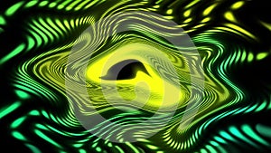 Accelerating and decelerating a large wavy yellow vortex of light particles on a black abstract background