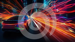 Accelerating into the Future: Abstract Design of High-Speed Cars in Fast Night Light Motion. Perfect for Posters and Lan