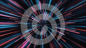 Acceleration speed motion tunnel light and stripes moving fast over dark background abstract colorful lines 4k animation