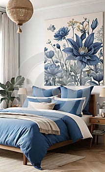 Accent Bed with blue and beige bedding. Boho, farmhouse interior design of modern bedroom.
