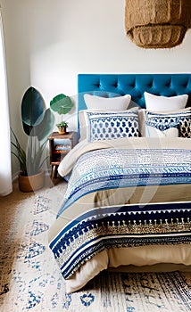 Accent Bed with blue and beige bedding. Boho, farmhouse interior design of modern bedroom.