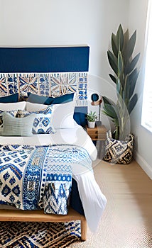 Accent Bed with blue and beige bedding. Boho, farmhouse interior design of modern bedroom.