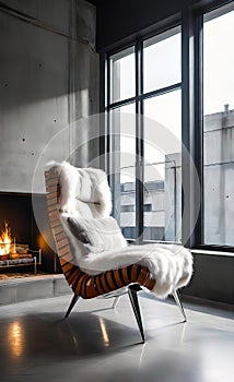 An accent chair against a white wall with a fireplace. Loft interior design of a modern living room.