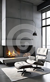 An accent chair against a white wall with a fireplace. Loft interior design of a modern living room.