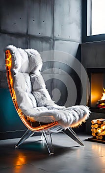 An accent chair against a white wall with a fireplace. Loft interior design of a modern living room.