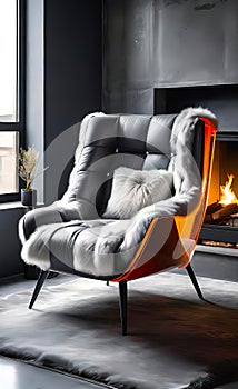 An accent chair against a white wall with a fireplace. Loft interior design of a modern living room.