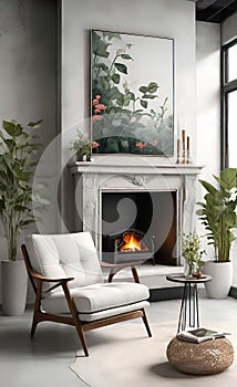 An accent chair against a white wall with a fireplace. Loft interior design of a modern living room.