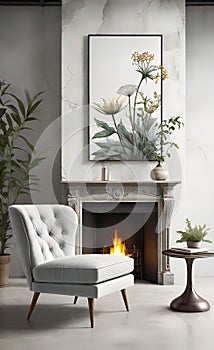 An accent chair against a white wall with a fireplace. Loft interior design of a modern living room.