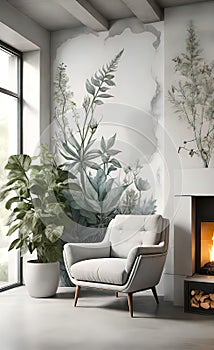 An accent chair against a white wall with a fireplace. Loft interior design of a modern living room.