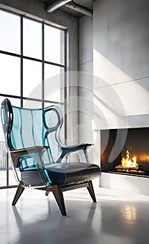 An accent chair against a white wall with a fireplace. Loft interior design of a modern living room.