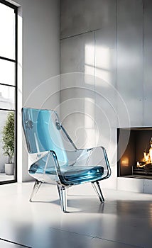 An accent chair against a white wall with a fireplace. Loft interior design of a modern living room.