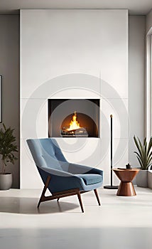 An accent chair against a white wall with a fireplace. Loft interior design of a modern living room.