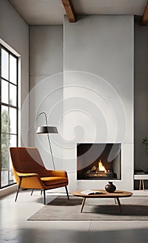 An accent chair against a white wall with a fireplace. Loft interior design of a modern living room.