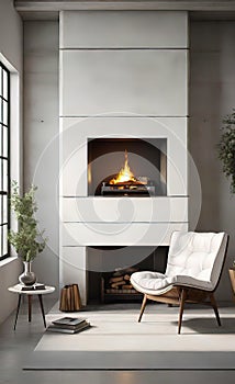 An accent chair against a white wall with a fireplace. Loft interior design of a modern living room.