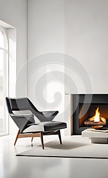 An accent chair against a white wall with a fireplace. Loft interior design of a modern living room.