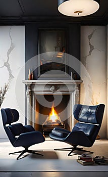 An accent chair against a white wall with a fireplace. Loft interior design of a modern living room.