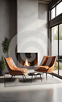 An accent chair against a white wall with a fireplace. Loft interior design of a modern living room.