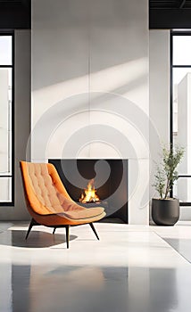 An accent chair against a white wall with a fireplace. Loft interior design of a modern living room.