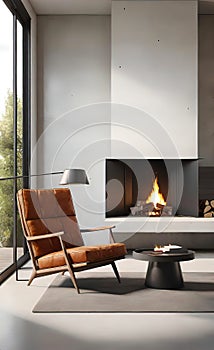 An accent chair against a white wall with a fireplace. Loft interior design of a modern living room.